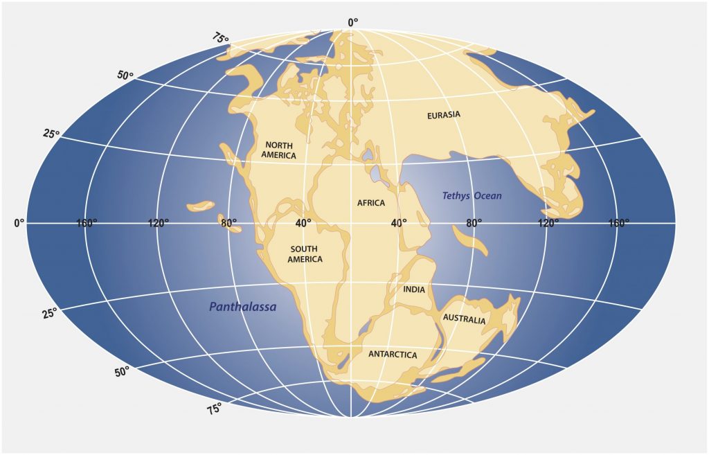 De wereld van 200 miljoen jaar geleden, het continent Pangea.